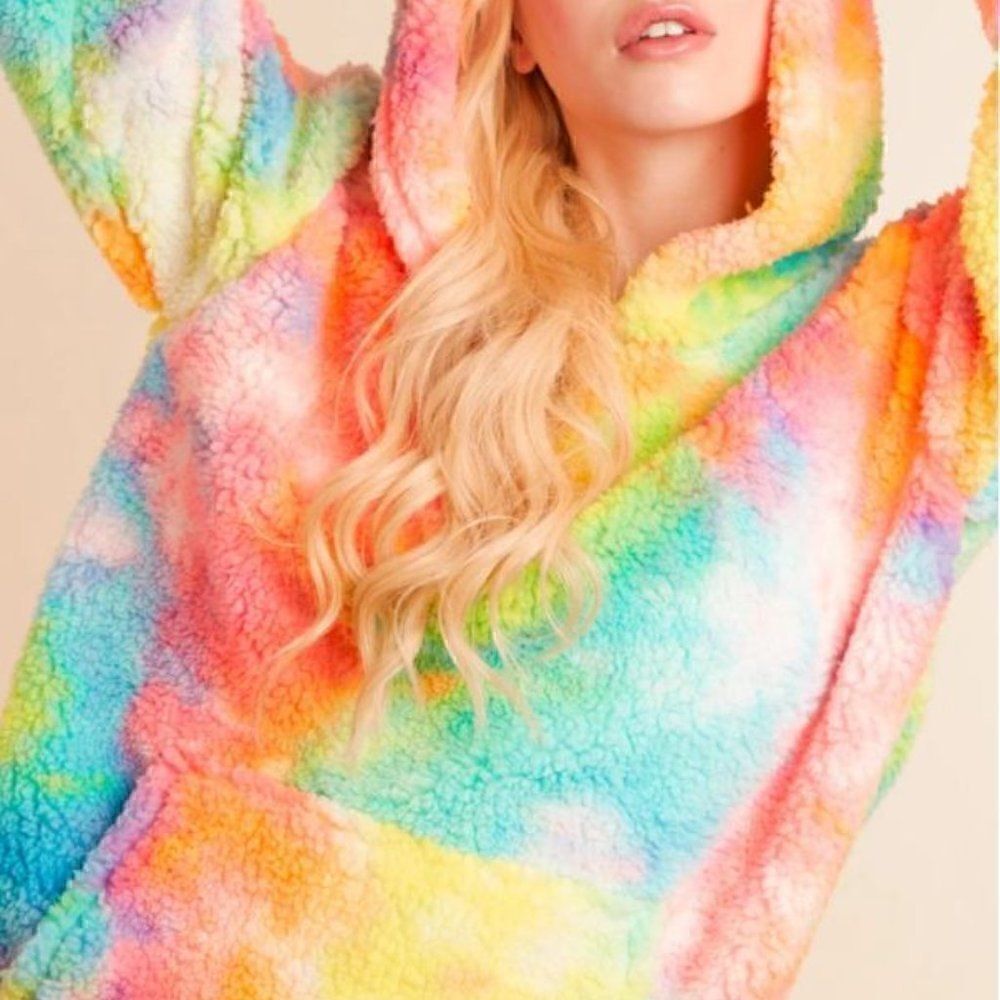 NEW! PLUS Size Multi Color Tie Dye Sherpa Hoodie - Picture 4 of 7